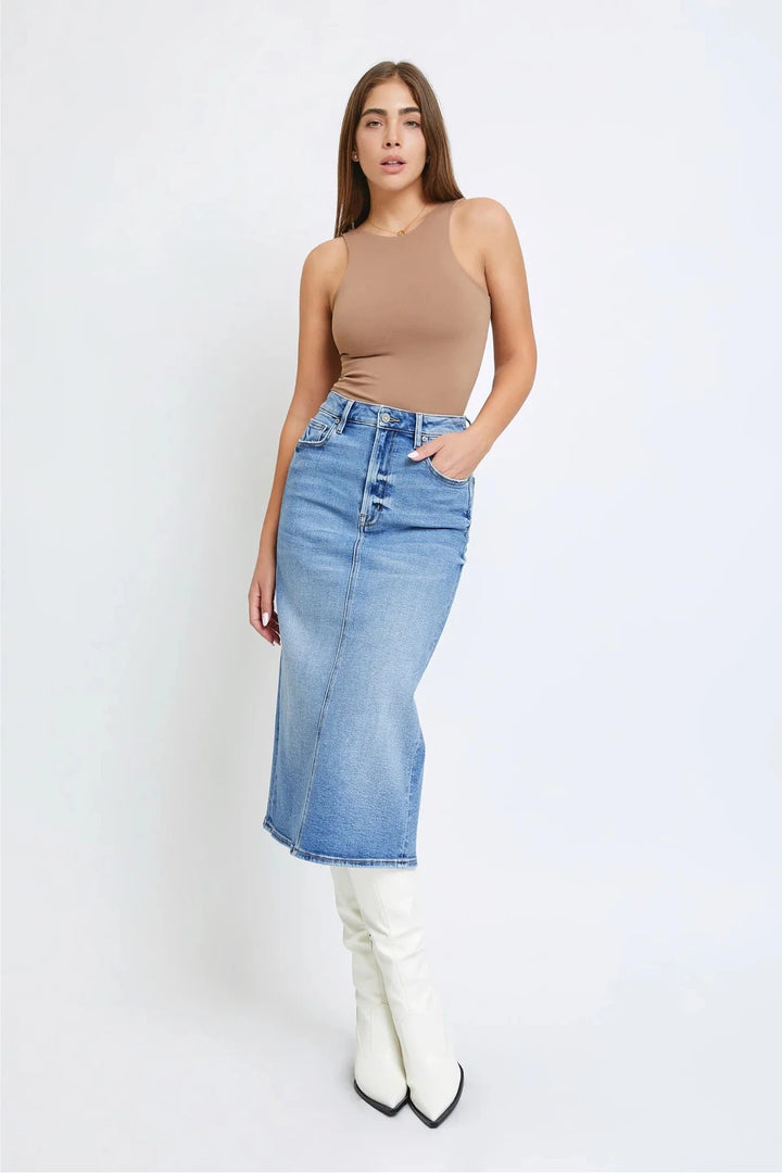 HIDDEN JEANS Peyton Denim Midi Pencil Skirt-HIDDEN JEANS-drinkingwaterbeekman