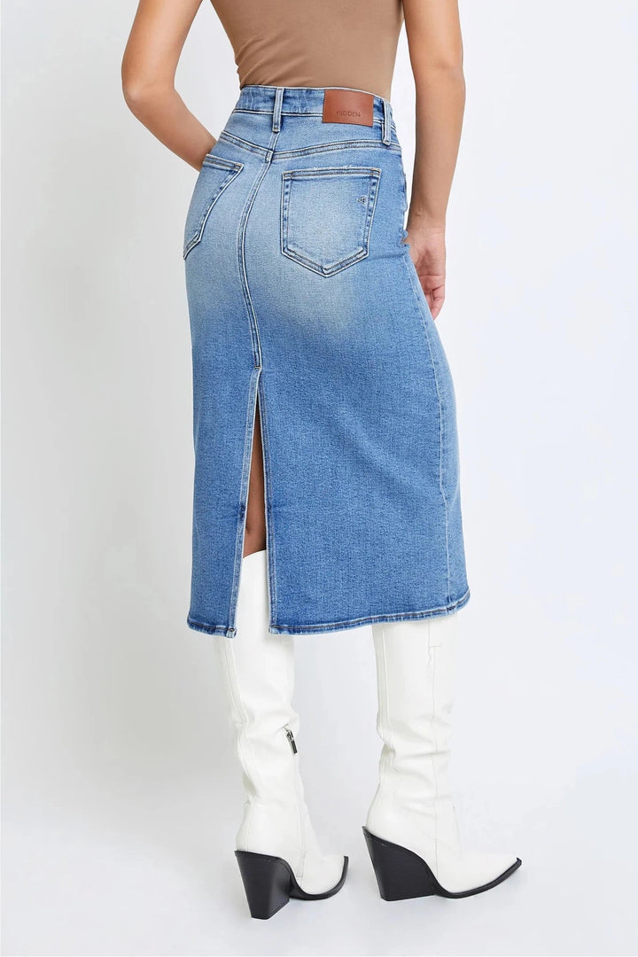 HIDDEN JEANS Peyton Denim Midi Pencil Skirt-HIDDEN JEANS-drinkingwaterbeekman