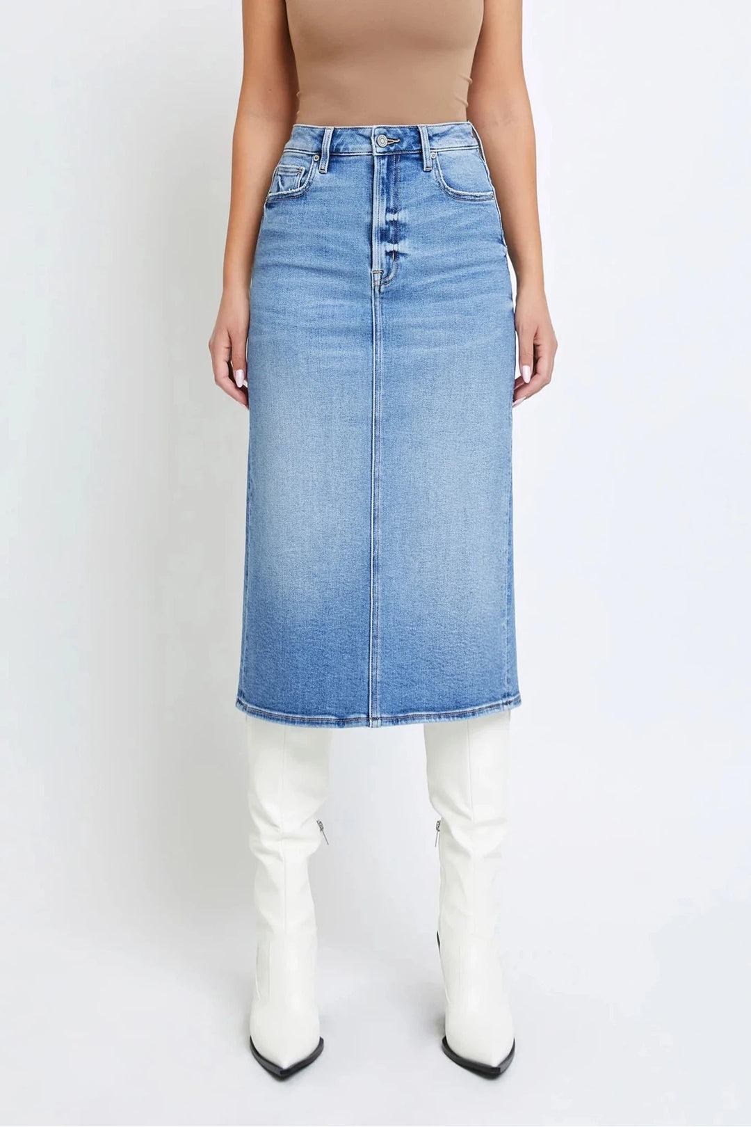 HIDDEN JEANS Peyton Denim Midi Pencil Skirt-HIDDEN JEANS-drinkingwaterbeekman