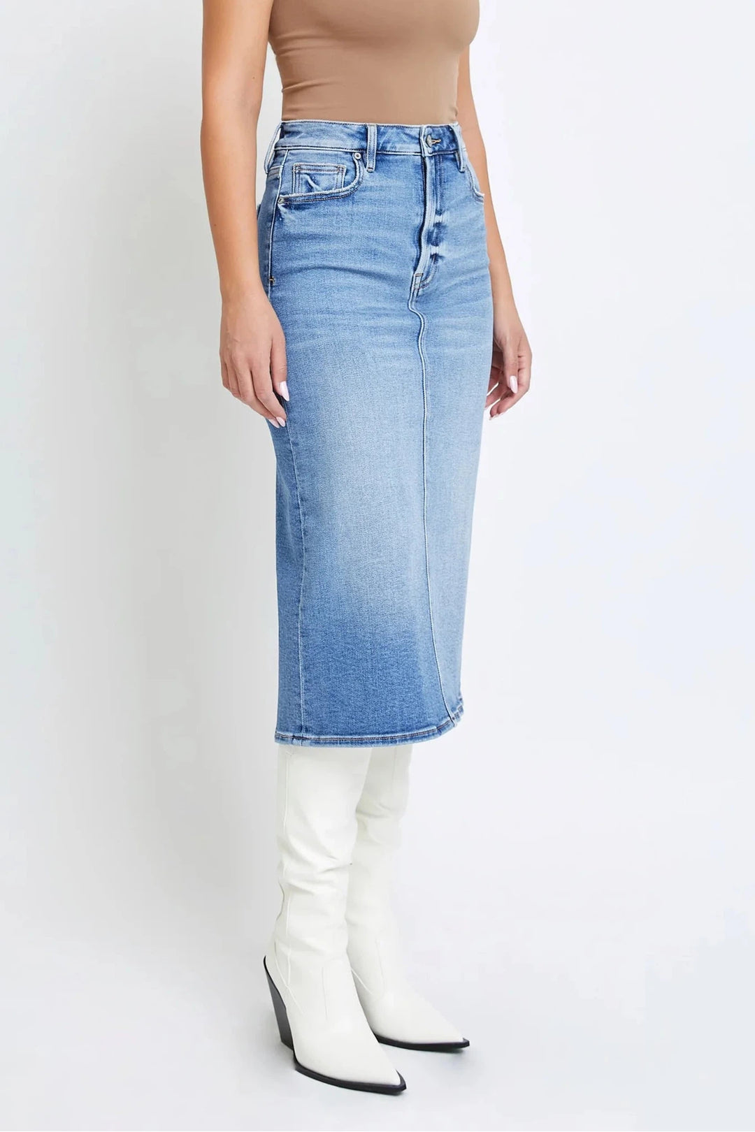 HIDDEN JEANS Peyton Denim Midi Pencil Skirt-HIDDEN JEANS-drinkingwaterbeekman