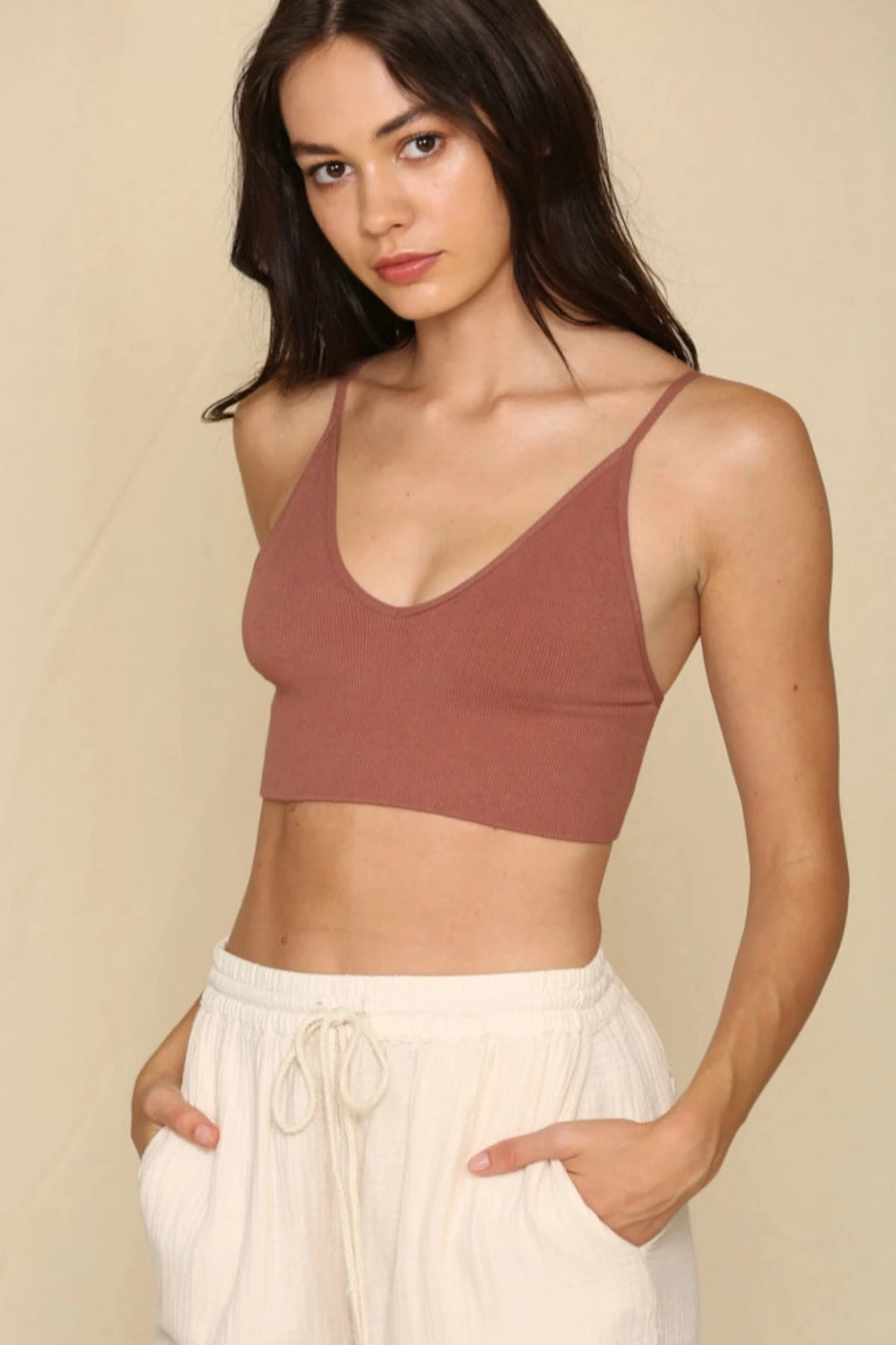 Brami Ribbed V-Neck Bra Top - Cocoa-by together-drinkingwaterbeekman